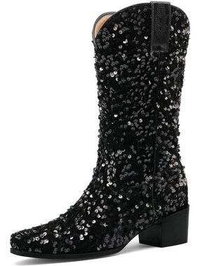 Women's Black Sequin Sparkly Mid Calf Cowboy Boots Glitter Chunky Heeled